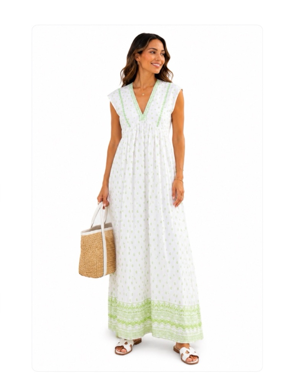 JL Luxe Paisley Print White Green Long Maxi Cotton Dress Boho Coastal Summer